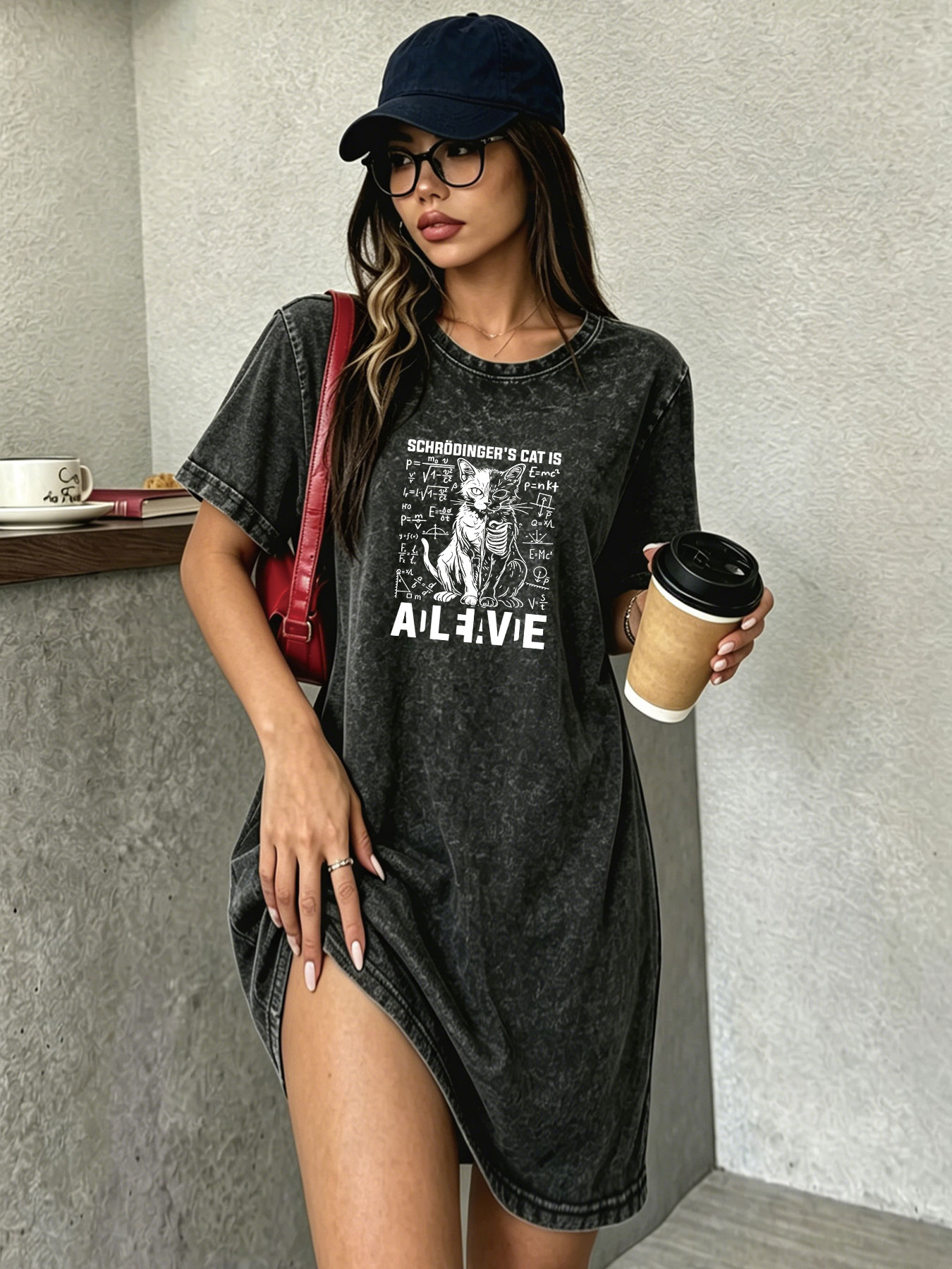 Streetwear Brand Cat - Sukienka T-shirt damska w stylu vintage,